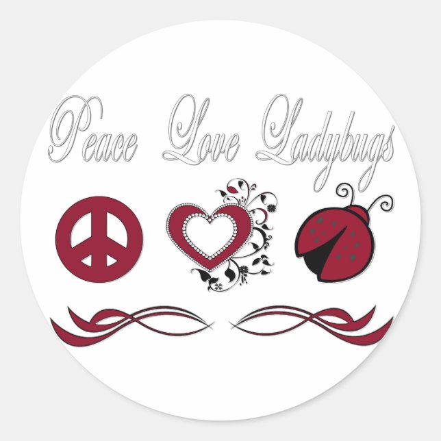 Pegatina Redonda Peace Love Ladybugs (Anverso)