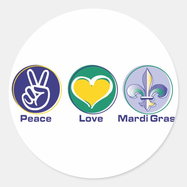 Pegatina Redonda Peace Love Mardi Gras (Anverso)