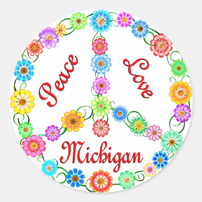 Pegatina Redonda Peace Love Michigan (Anverso)