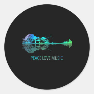 Pegatina Redonda Peace Love Music Guitar Lake Shadow Hippie Musicia