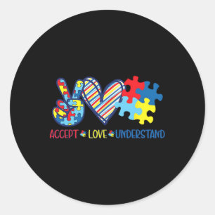 Pegatina Redonda Peace Love Ribbon Autism Awareness Accept Love Und