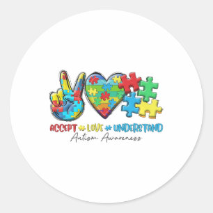 Pegatina Redonda Peace Love Ribbon Autism Awareness Accept Love Und