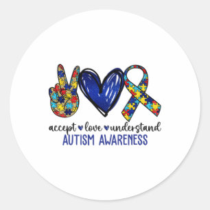 Pegatina Redonda Peace Love Ribbon Autism Awareness Accept Love Und