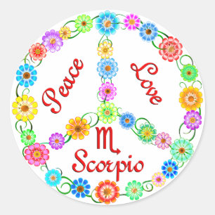 Pegatina Redonda Peace Love Scorpio