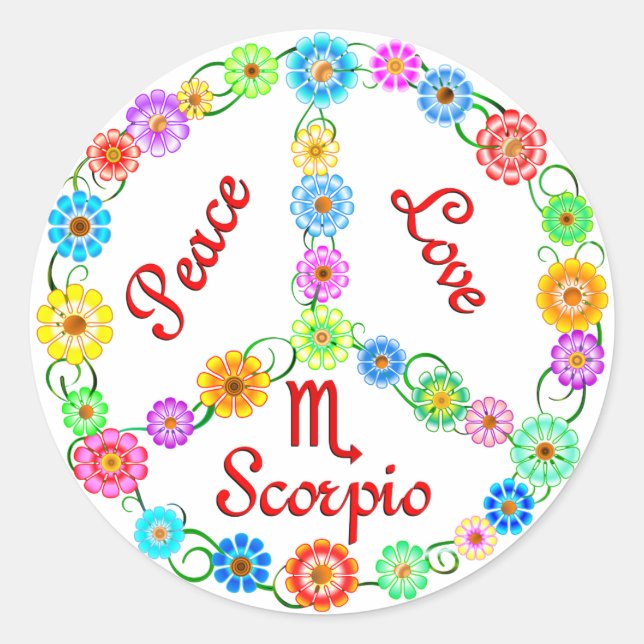 Pegatina Redonda Peace Love Scorpio (Anverso)