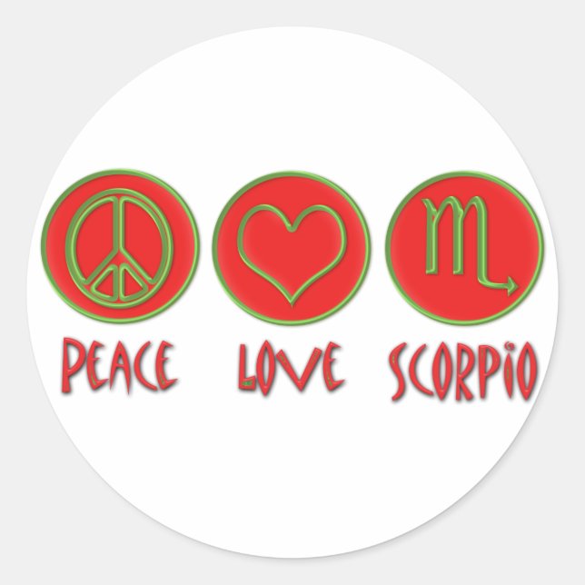 Pegatina Redonda Peace Love Scorpio (Anverso)