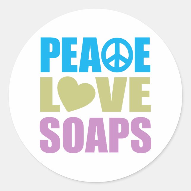 Pegatina Redonda Peace Love Soaps (Anverso)
