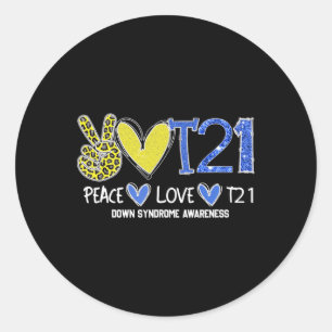 Pegatina Redonda Peace Love T21 Blue Yellow Ribbon Down Syndrome w