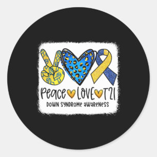 Pegatina Redonda Peace Love T21 Cure Blue Yellow Down Syndrome Awar