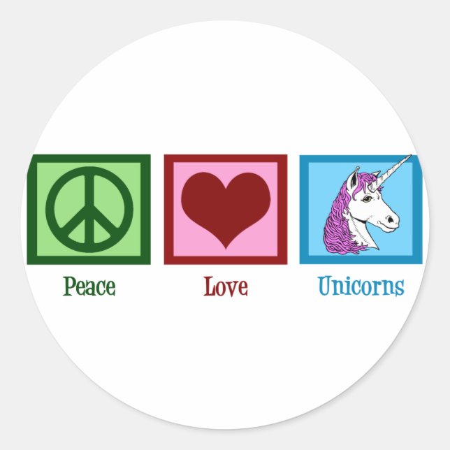 Pegatina Redonda Peace Love Unicornios (Anverso)