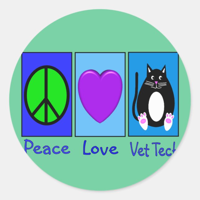 Pegatina Redonda Peace Love Vet Tech (Anverso)