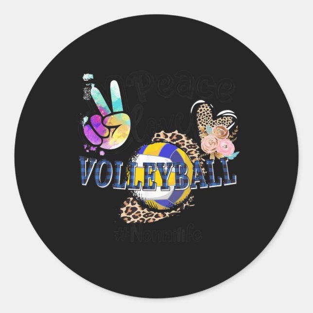Pegatina Redonda Peace Love Volleyball Nonni Life Mom Grandma Leopa (Anverso)