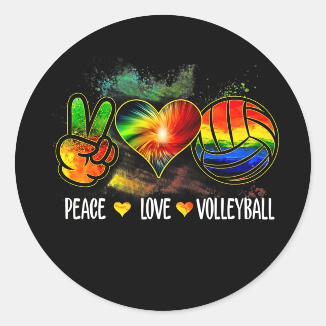 Pegatina Redonda Peace Love Volleyball Tie Dye Voleibol Lover (Anverso)