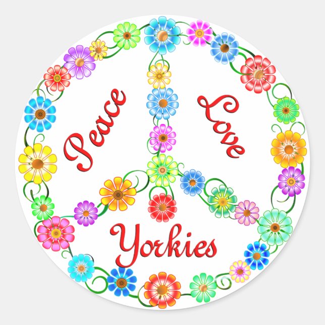 Pegatina Redonda Peace Love Yorkies (Anverso)