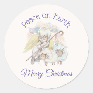 Pegatina Redonda "Peace on Earth Angel Shepherd" con Navidades de l