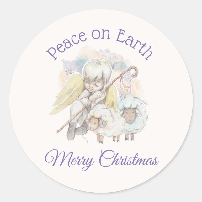 Pegatina Redonda "Peace on Earth Angel Shepherd" con Navidades de l (Anverso)