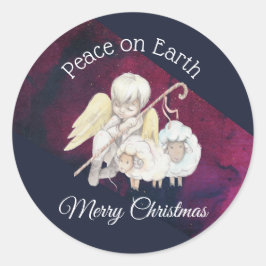 Pegatina Redonda Peace on Earth Feliz Navidad Angel Shepherd