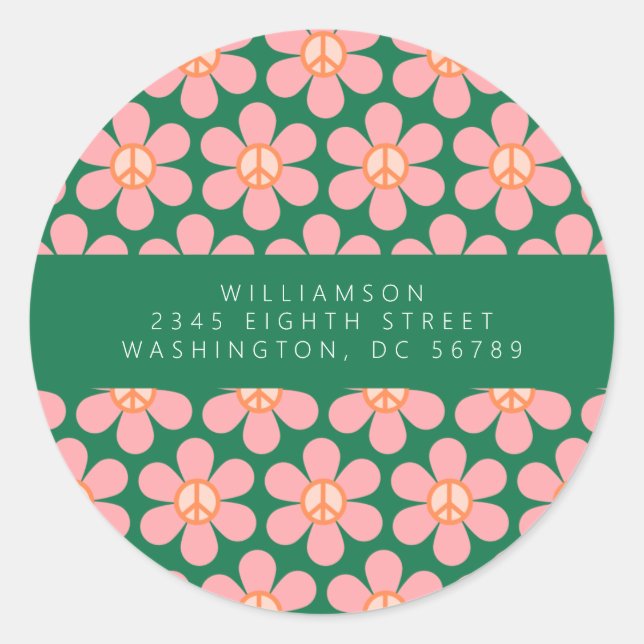 Pegatina Redonda Peace Sign Flower Green Pink Shower (Anverso)