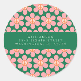 Pegatina Redonda Peace Sign Flower Green Pink Shower