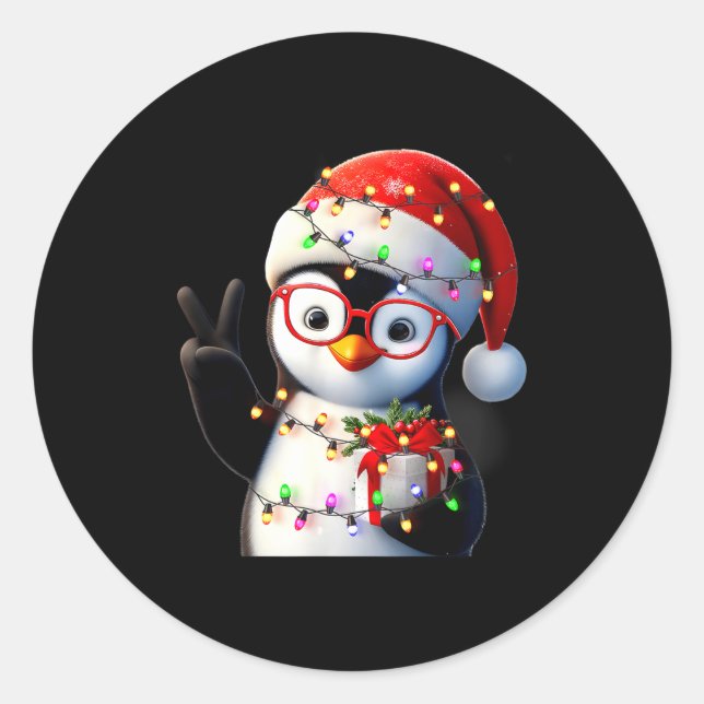 Pegatina Redonda Peace Sign Hand Penguin Santa Christmas Penguin Pa (Anverso)