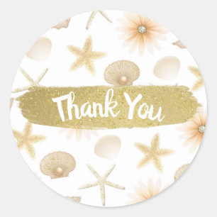 Pegatina Redonda Peach Beach Seashells & Flowers Boda moderno