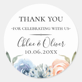 Pegatina Redonda Peach Blue Botanical Floral Wedding Favor