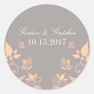 Pegatina Redonda Peach Butterfly Floral Wedding Stickers