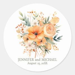 Pegatina Redonda Peach de verano y Boda floral verde