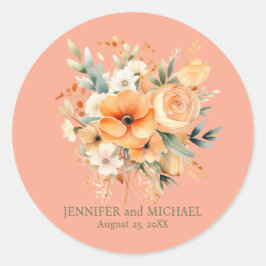 Pegatina Redonda Peach de verano y Boda floral verde