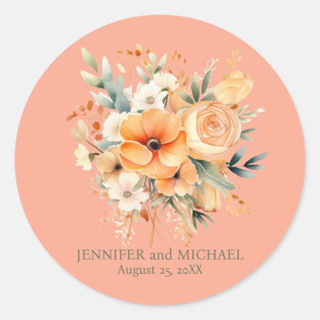 Pegatina Redonda Peach de verano y Boda floral verde (Anverso)