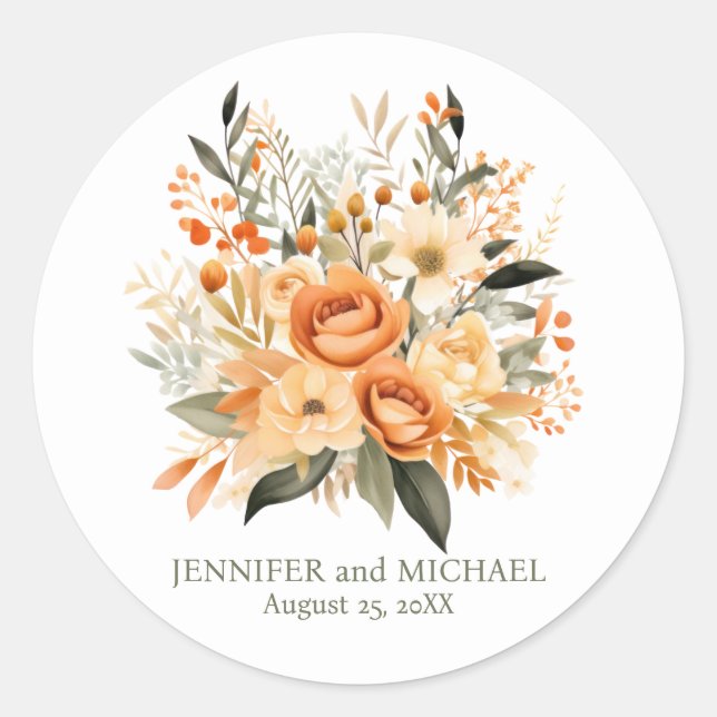 Pegatina Redonda Peach de verano y Boda floral verde (Anverso)