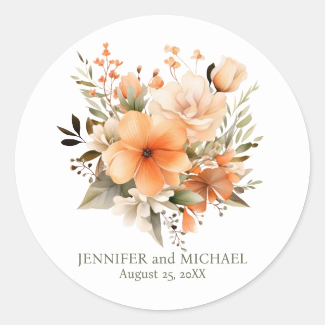 Pegatina Redonda Peach de verano y Boda floral verde (Anverso)