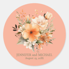 Pegatina Redonda Peach de verano y Boda floral verde