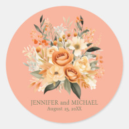 Pegatina Redonda Peach de verano y Boda floral verde