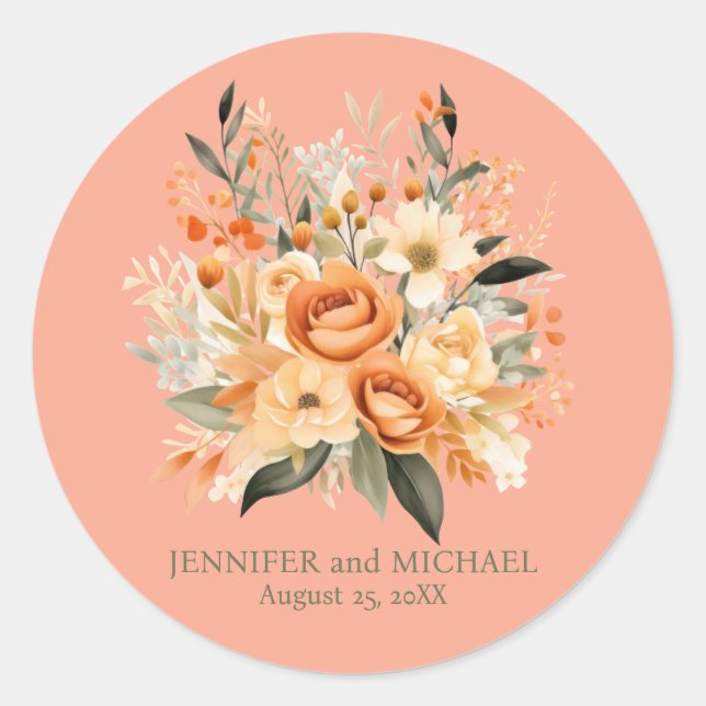 Pegatina Redonda Peach de verano y Boda floral verde (Anverso)