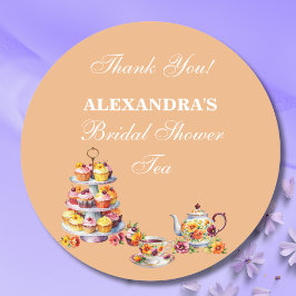 Pegatina Redonda Peach Floral Tea Party Bridal Shower Favor 