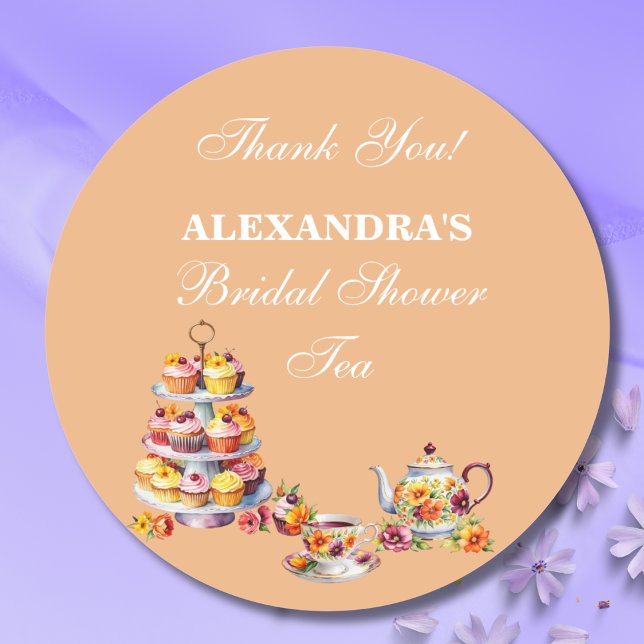 Pegatina Redonda Peach Floral Tea Party Bridal Shower Favor  (Subido por el creador)