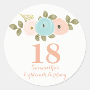 Pegatina Redonda Peach Floral Watercolor 18th Birthday Chica Pegati