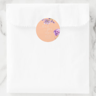 Pegatina Redonda Peach Fuzz and Lilac Watercolor Floral Boda