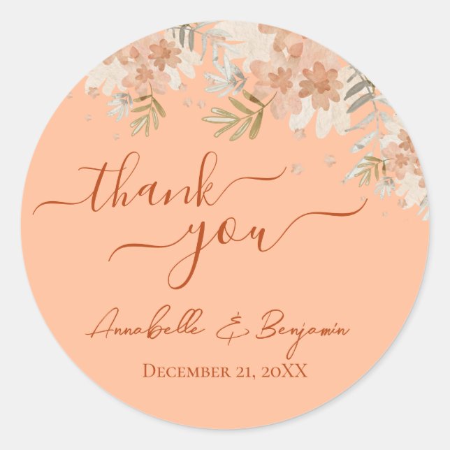Pegatina Redonda Peach Fuzz and Rust Watercolor Wedding RSVP (Anverso)
