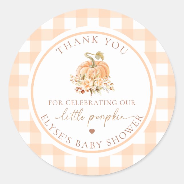Pegatina Redonda Peach Gingham Fall Our Little Pumpkin Gracias (Anverso)