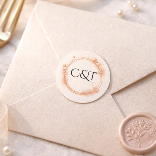 Pegatina Redonda Peach Gold Sparkle Script Monogram Wedding (Subido por el creador)