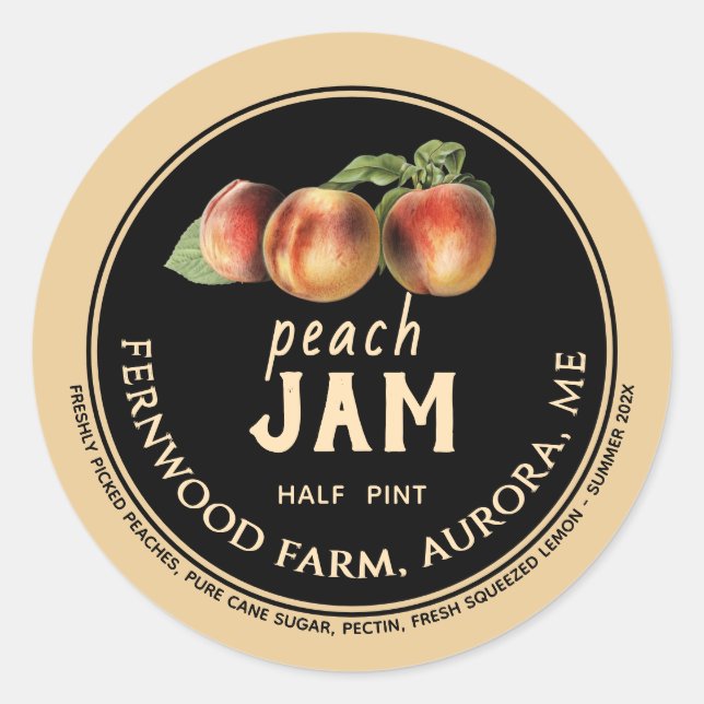 Pegatina Redonda Peach Jam Jar Label Homemade Jelly Preserve (Anverso)
