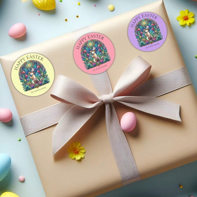 Pegatina Redonda Peach Pastel Bunny Gardener Stained Glass Easter (Subido por el creador)