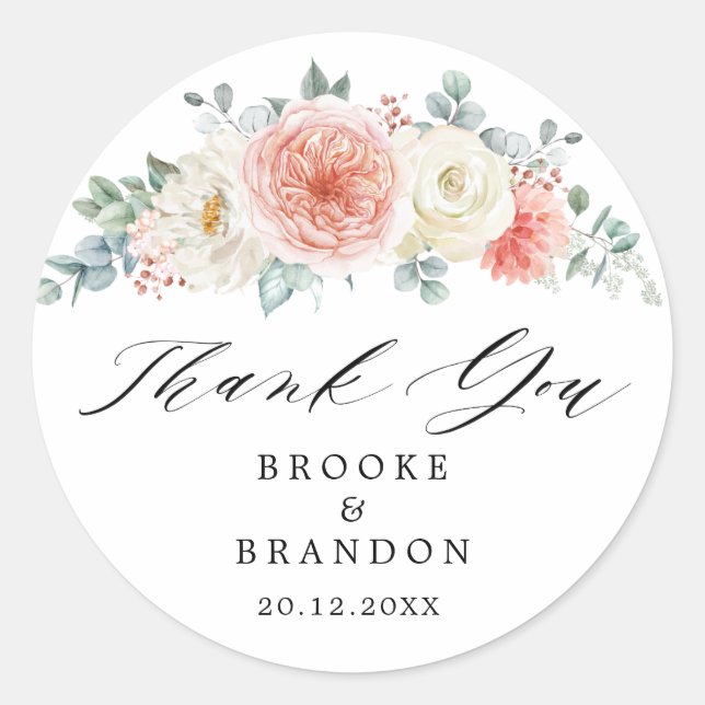 Pegatina Redonda Peach Pastel Pink Floral de verano (Anverso)