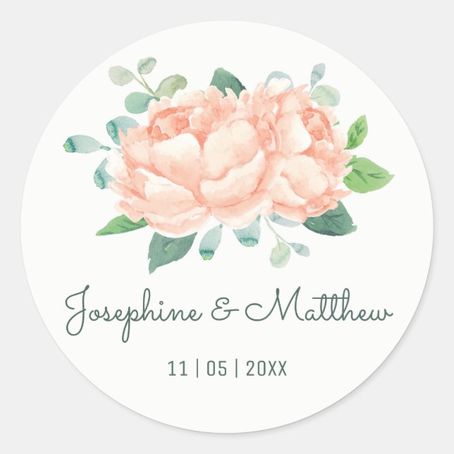 Pegatina Redonda Peach Peony Watercolor Wedding Stickers (Anverso)