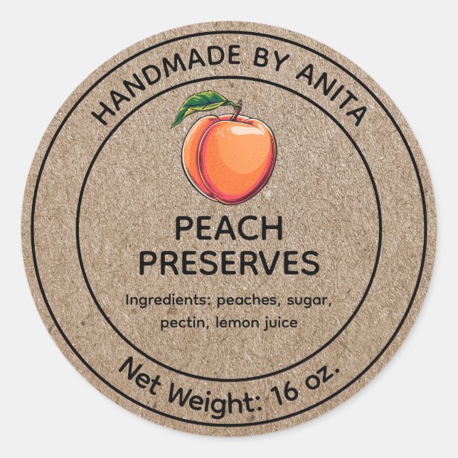 Pegatina Redonda Peach Preserve Jelly Jam Jar Label Kraft Style (Anverso)