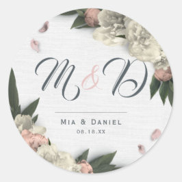 Pegatina Redonda Peach romántico y White Floral Peonies