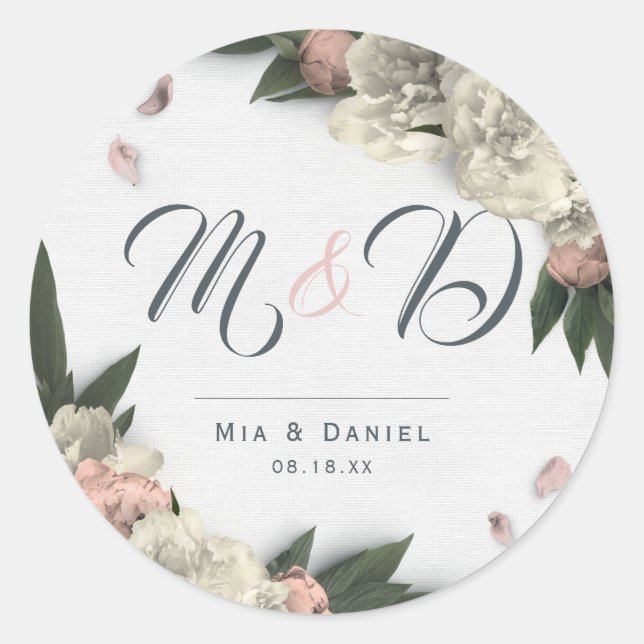 Pegatina Redonda Peach romántico y White Floral Peonies (Anverso)