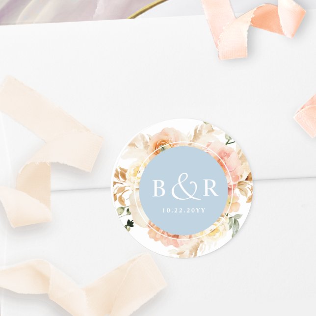 Pegatina Redonda Peach Rubor y Blue Boda Envelope / Favor (Subido por el creador)
